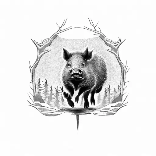 A fierce wild boar charging through the woods in a dotwork style tattoo design idea