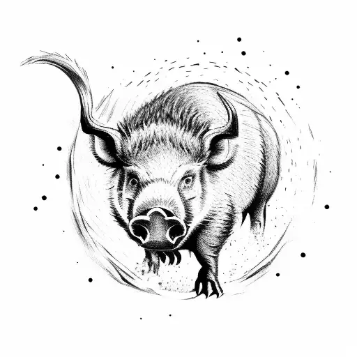 A fierce wild boar charging through the woods in a dotwork style tattoo design idea