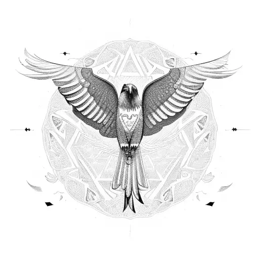 A majestic buzzard in flight, surrounded by intricate geometric patterns tattoo design idea