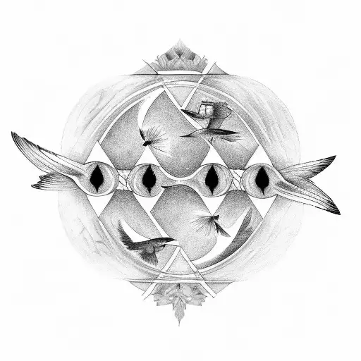 A black-grey tattoo showcasing a flock of birds in a geometric formation tattoo design idea