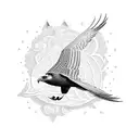 A majestic buzzard in flight, surrounded by intricate geometric patterns tattoo design idea