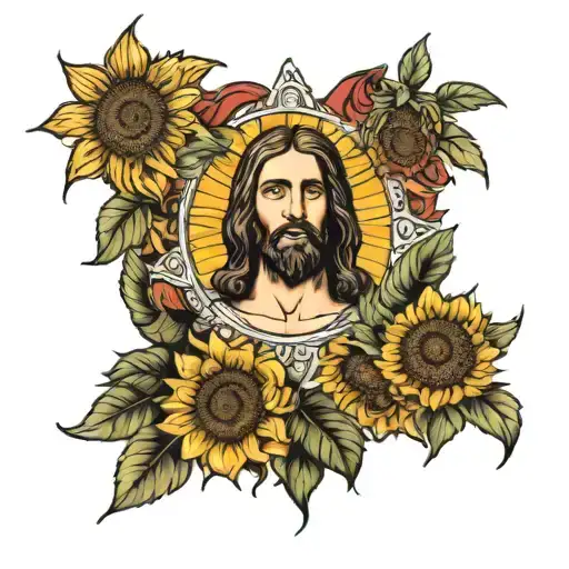 sunflowers surrounding Jesus stripped tattoo design idea