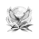 A fierce eagle emerging from an open book, symbolizing the power of knowledge and freedom. tattoo design idea