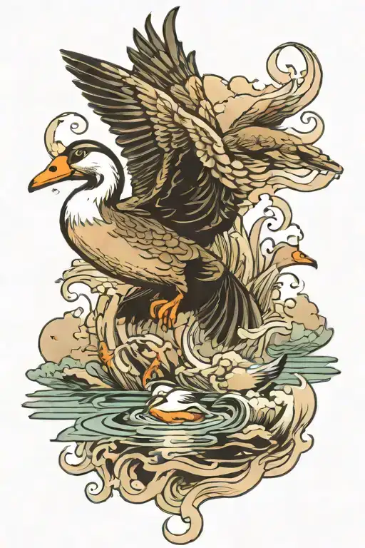 Smokey mountain tattoo with a flying duck over water tattoo design idea