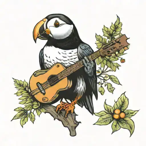 A neotraditional tattoo of a puffin playing a guitar in a forest setting tattoo design idea