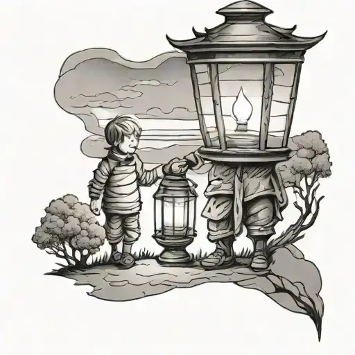 father guiding son by lantern long road  tattoo design idea