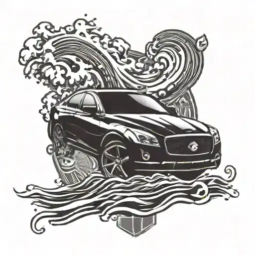 A sleek and modern car silhouette with waves crashing around it, symbolizing the navy officer's love for the sea tattoo design idea