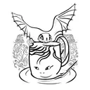A minimalist tattoo of Toothless from How to Train Your Dragon sitting on a coffee cup, representing the client's favorite things. tattoo design idea
