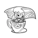 A minimalist tattoo of Toothless from How to Train Your Dragon sitting on a coffee cup, representing the client's favorite things. tattoo design idea