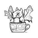 A minimalist tattoo of Toothless from How to Train Your Dragon sitting on a coffee cup, representing the client's favorite things. tattoo design idea