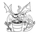 A minimalist tattoo of Toothless from How to Train Your Dragon sitting on a coffee cup, representing the client's favorite things. tattoo design idea