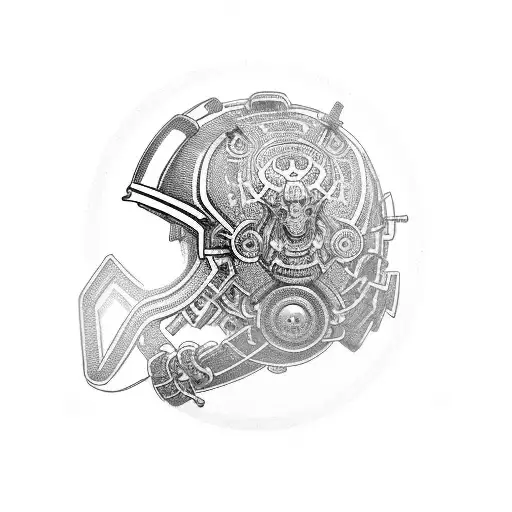 A samurai helmet adorned with intricate metal gears and chains tattoo design idea