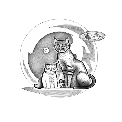 A silhouette of a cat and a dog sitting on a moon, with their tails forming the shape of a guitar tattoo design idea