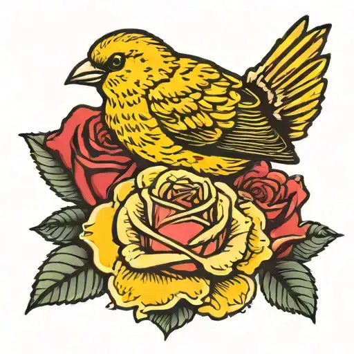 Canary Holding a rose in beak tattoo design idea