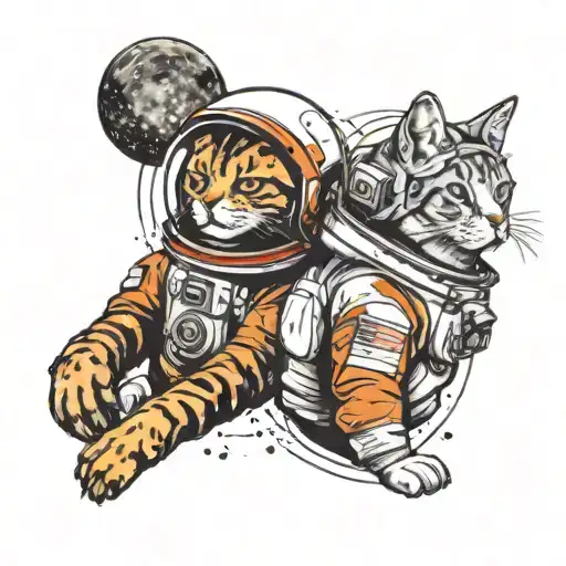 tattoo of space dog and cat, both wearing astronaut helmets, planet between them tattoo design idea