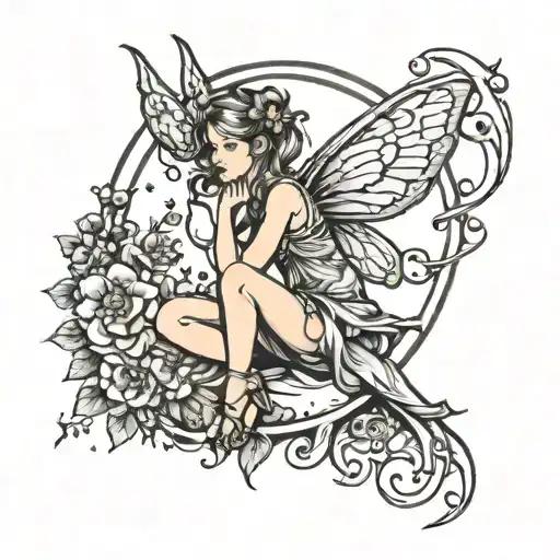 fairy sitting in a moon tattoo design idea