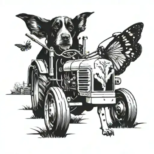 tracter with dog by its side and butter fly on the tractor tattoo design idea