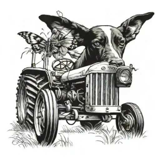 tracter with dog by its side and butter fly on the tractor tattoo design idea