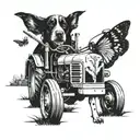 tracter with dog by its side and butter fly on the tractor tattoo design idea