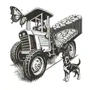 tracter with dog by its side and butter fly on the tractor tattoo design idea