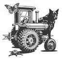 tracter with dog by its side and butter fly on the tractor tattoo design idea
