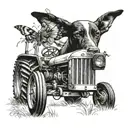 tracter with dog by its side and butter fly on the tractor tattoo design idea