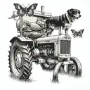 tracter with dog by its side and butter fly on the tractor tattoo design idea