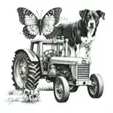tracter with dog by its side and butter fly on the tractor tattoo design idea