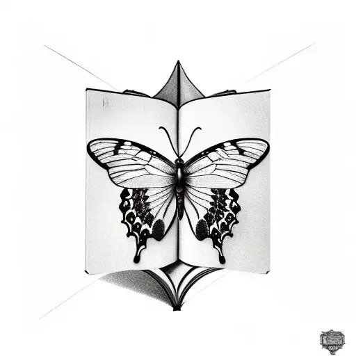 A realistic depiction of a butterfly perched on a stack of books, with intricate floral patterns surrounding them tattoo design idea