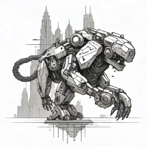 A futuristic cyberpunk cityscape featuring a giant robotic animal, inspired by anime and video games tattoo design idea