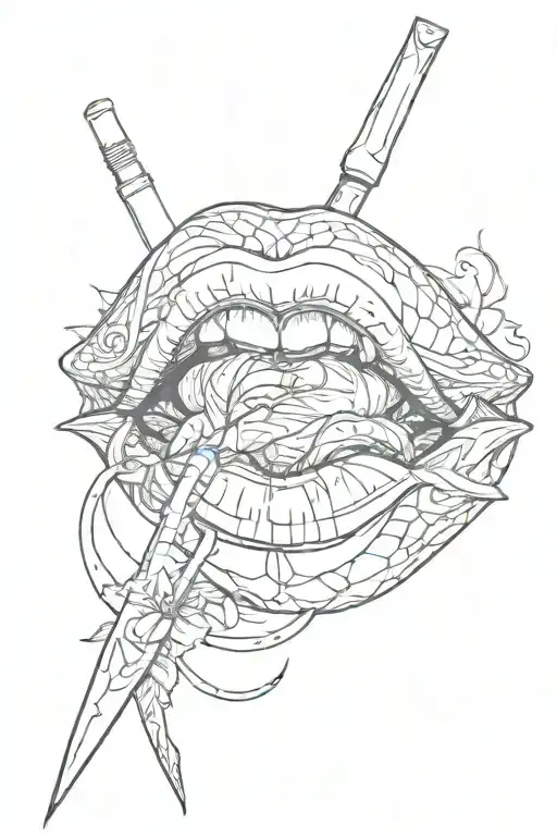lips parted licking knife tattoo design idea