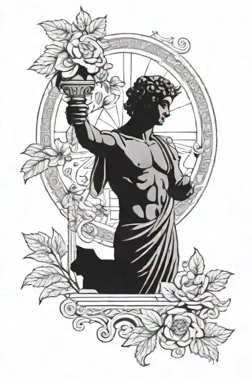 A Tatto on the arm of a Greek statue and other elements of mythology tattoo design idea