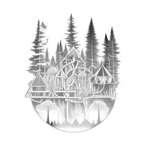 Enchanted forest with hidden carpenter tools tattoo design idea