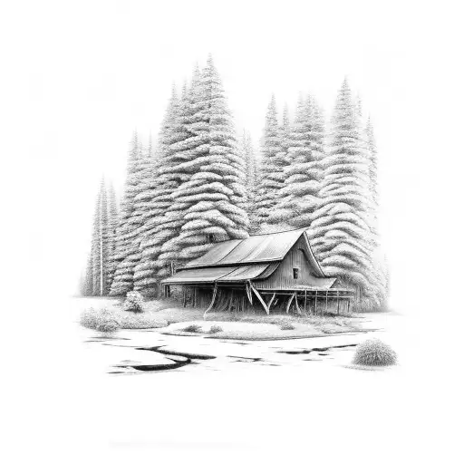 Detailed forest landscape with a carpenter's workbench as the focal point tattoo design idea