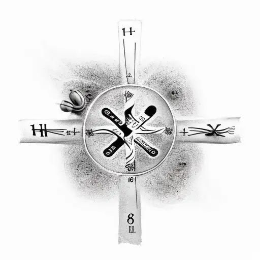 upside down cross with number 28 hanging from it, in front of a sand clock made out of a tree tattoo design idea