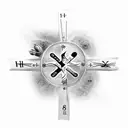 upside down cross with number 28 hanging from it, in front of a sand clock made out of a tree tattoo design idea