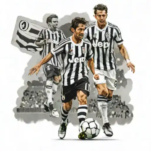 kid and Alessandro del piero walking hand by hand both in juventus kit in the middle of allianz stadium illuminated pitc tattoo design idea