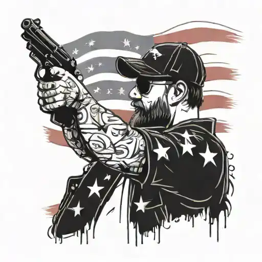 Illustrate a scene of a veteran saluting the American flag with a gun resting on his shoulder tattoo design idea