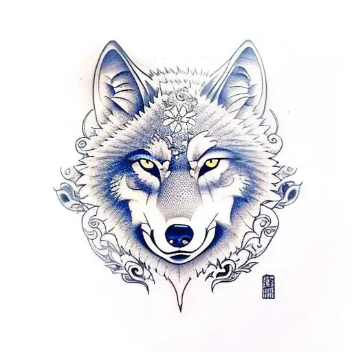 Wolf with Moonlight flower butterfly  tattoo design idea