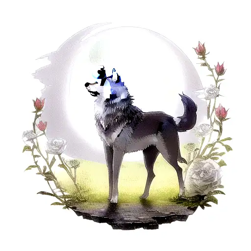 Wolf with Moonlight rose butterfly  tattoo design idea