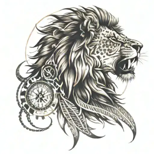 A lion tattoo with a white background roaring slightly to the side and a compass tattoo design idea