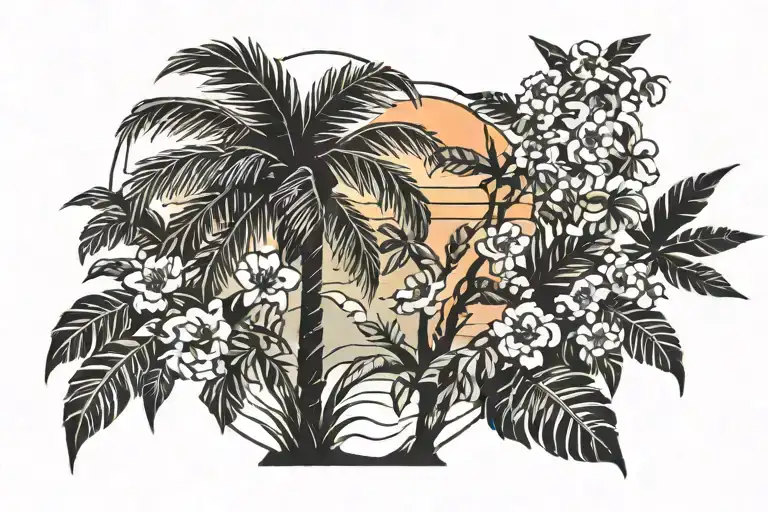 And old school palm tree but his leaves is herb leaves, sided by a sunset sea, placed on the background of an flower. tattoo design idea
