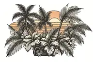 And old school palm tree but his leaves is herb leaves, sided by a sunset sea, placed on the background of an flower. tattoo design idea