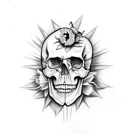skull with daffodils, a kidney and the phrase Aut vincere aut mori tattoo design idea