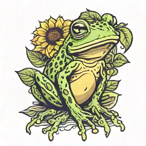 cute kawaii Frog sitting in front of a large single sunflower tattoo design idea