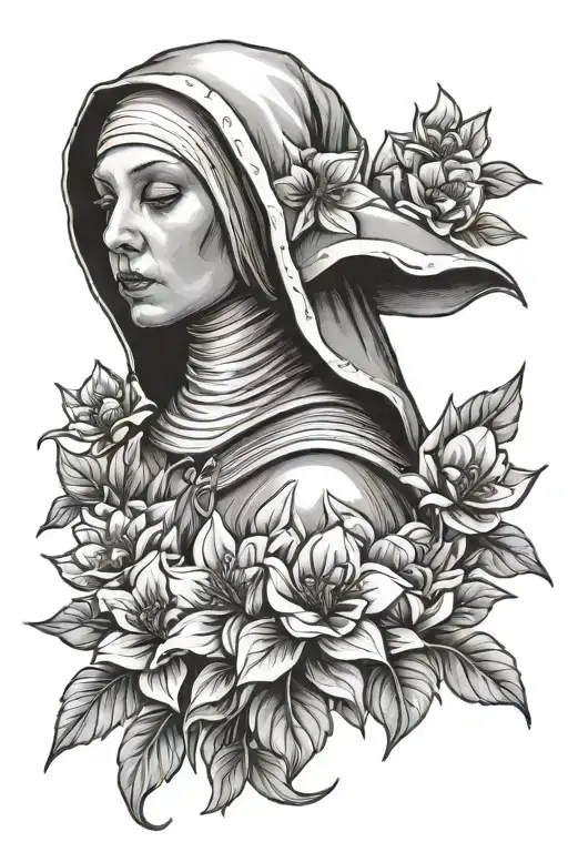 nun with flowers tattoo design idea