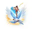 Icarus falling from the sun with his wax wings and feathers melting around him tattoo design idea
