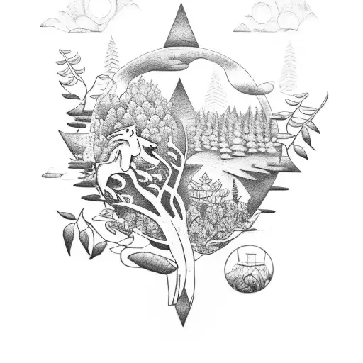 A dotwork tattoo of a nature scene with a motorbike hidden among the trees, incorporating musical symbols in the background. tattoo design idea