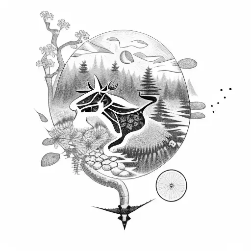 A dotwork tattoo of a nature scene with a motorbike hidden among the trees, incorporating musical symbols in the background. tattoo design idea
