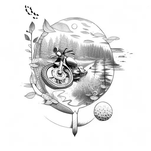 A dotwork tattoo of a nature scene with a motorbike hidden among the trees, incorporating musical symbols in the background. tattoo design idea